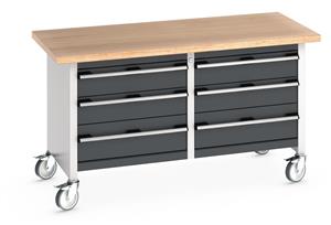 Bott Cubio Mobile Storage Workbench 1500mm wide x 750mm Deep x 840mm high supplied with a Multiplex (layered beech ply) worktop and 6 drawers (4 x 150mm high and 2 x 200mm high).   Supplied with 125mm Castors this workbench has a 300kg UDL capacity.... 1500mm Wide Mobile Moveable Industrial Storage Benches with Cupboards and Drawers